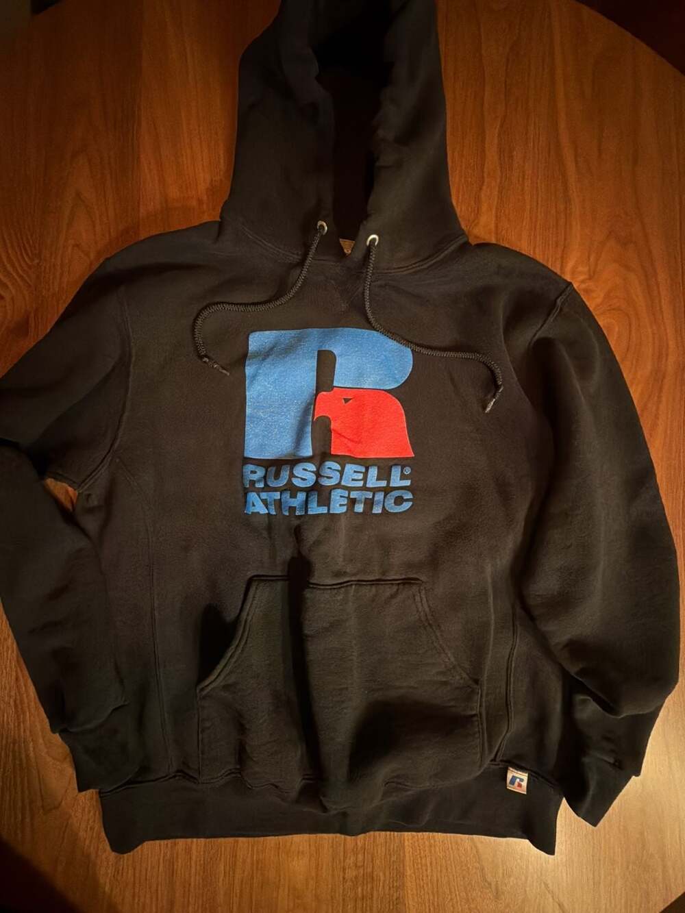 Russell Athletic Hoodie Size L Black Big Logo Pullover Sweatshirt